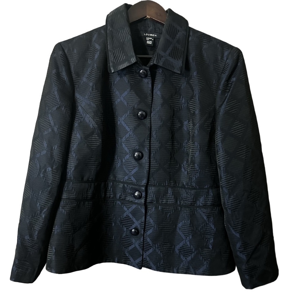 Louben Lovelace Brocade Black & Blue Textured Women's Button-Up Blazer Sz 14